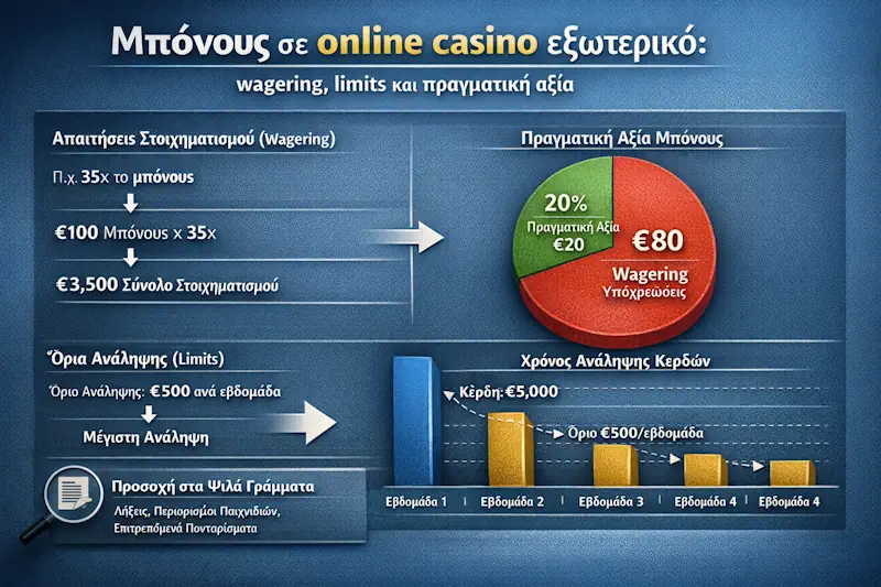 Μπόνους σε online casino εξωτερικό με wagering, limits και πραγματική αξία για ελληνικά online καζίνο παικτών
