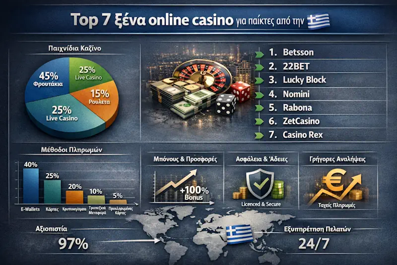 Top 7 ξένα online casino για παίκτες από την Ελλάδα με σύγκριση bonus, αδειών και επιλογών για ελληνικά καζίνο