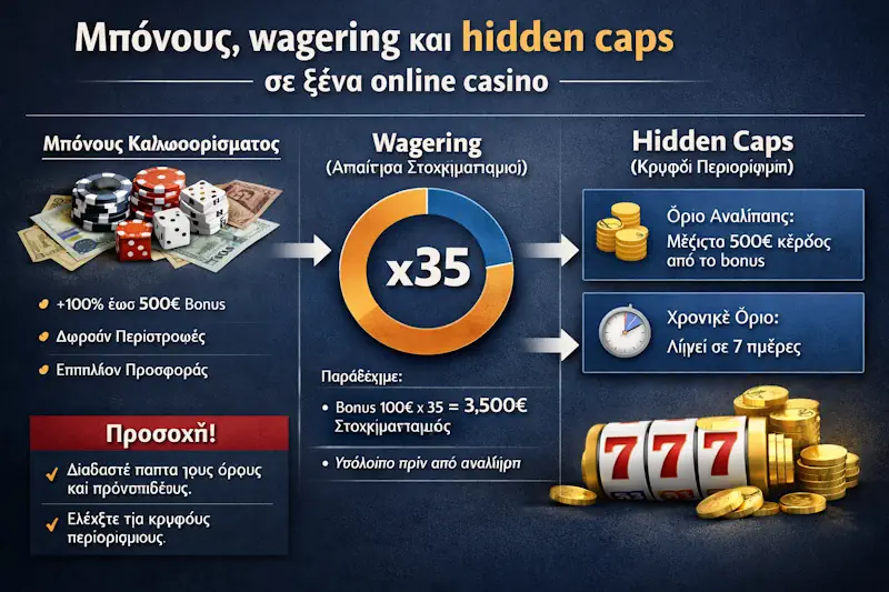 Μπόνους, wagering και hidden caps σε ξένα online casino με ανάλυση όρων για ελληνικά online καζίνο και παίκτες