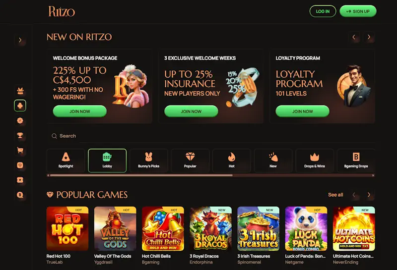 Ritzo casino online ξενα με μεγάλη βιβλιοθήκη παιχνιδιών, support και bonus για ελληνικά online καζίνο